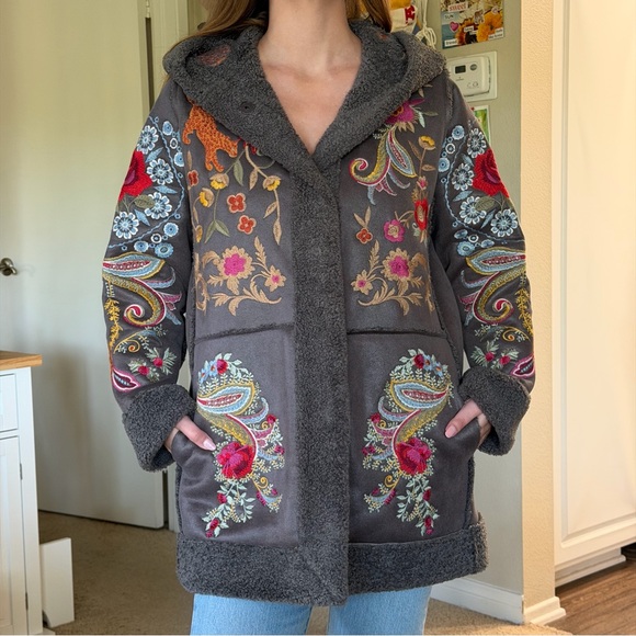 Johnny Was Jackets & Blazers - Johnny Was Saturna Faux Suede Coat Embroidered Charcoal Size Small NWT